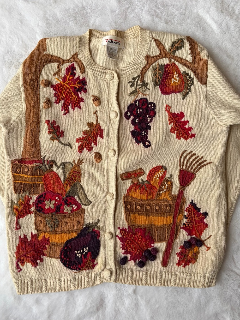Vintage Talbots Harvest Cardigan Sweater Cottagecore 90s Embroidered Button Up